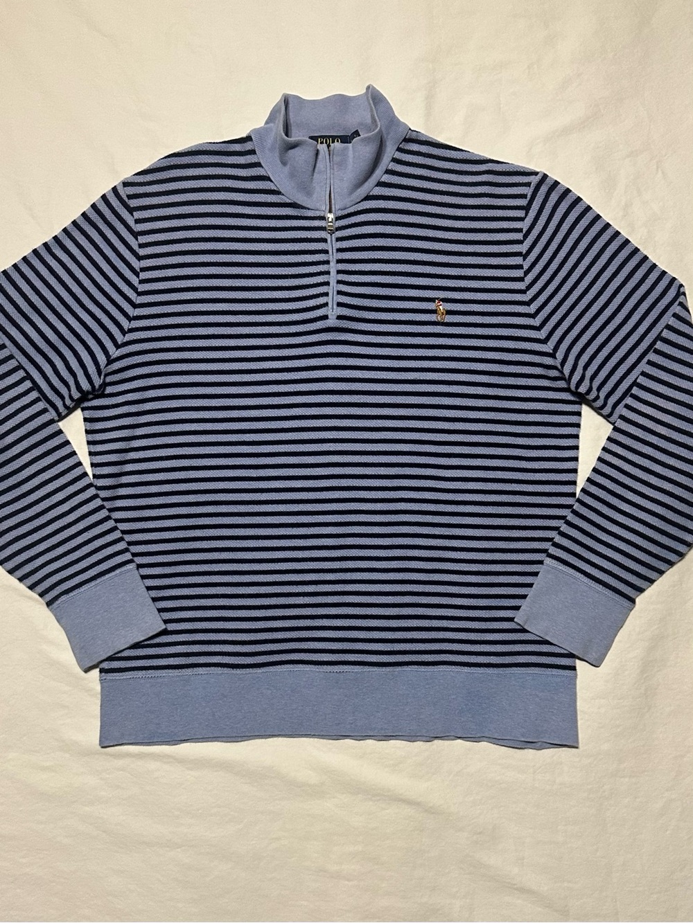 Polo by Ralph Lauren Light Blue and Navy Striped Quarter-Zip Top
